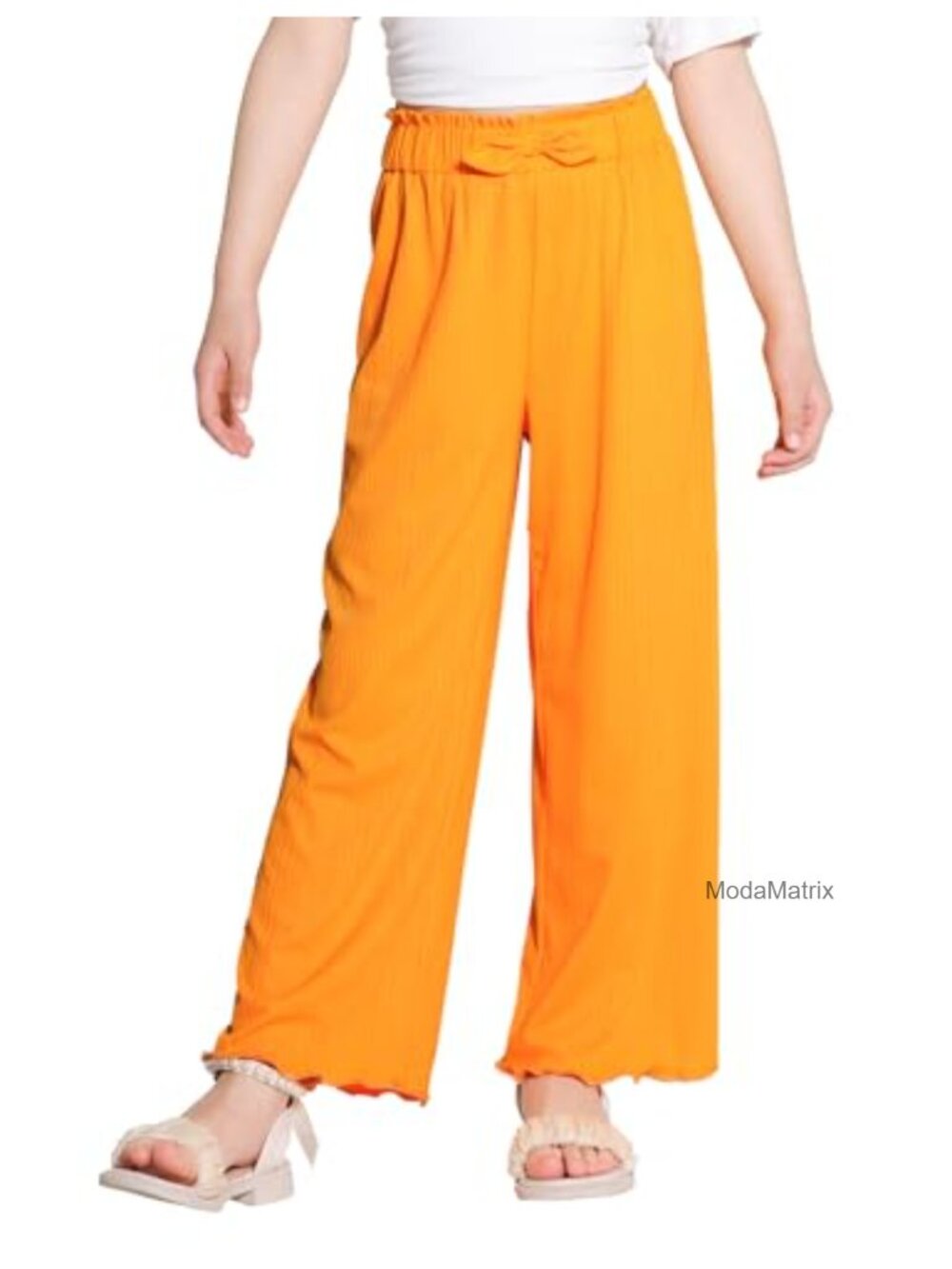 Girls Wide Leg Palazzo Pants High Waist Bow Lace Trim Lightweight